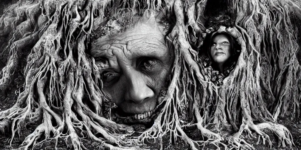 Prompt: photography of old ugly witch with rotten face monster living in a root cave, edelweiss growing from her head, forest, dolomites, alpine, detailed intricate insanely detailed octane render, 8k artistic 1920s photography, photorealistic, black and white, chiaroscuro, hd, by David Cronenberg, Raphael, Caravaggio