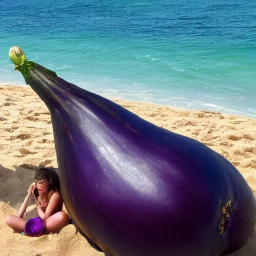 Image similar to huge eggplant sunbathing on the beach among people, photo,