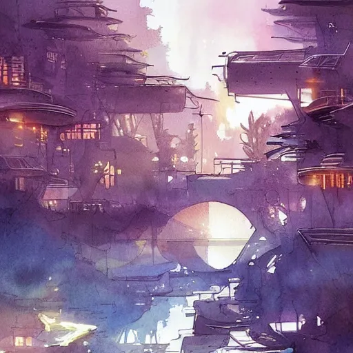 Image similar to Beautiful happy picturesque charming futuristic sci-fi town in harmony with nature. Beautiful light. Water and plants. Nice colour scheme, soft warm colour. Beautiful detailed watercolor by Lurid. (2022)