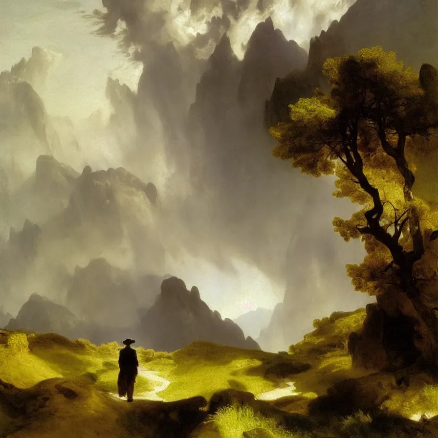 Prompt: artwork about a lonely man walking meandering countryside hills in the far distance, painted by thomas moran and albert bierstadt. monochrome color scheme.