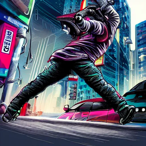 Image similar to beautiful hyper-detailed artwork of a ninja warrior with a sword, driving through the city, in a modified Nissan skyline r34, cyberpunk style