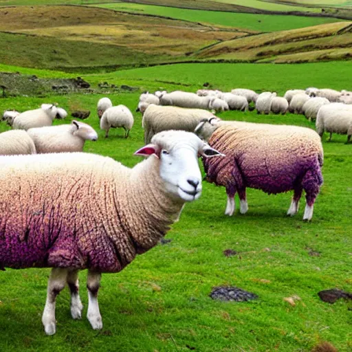 Prompt: multicolored sheep in irish landscape