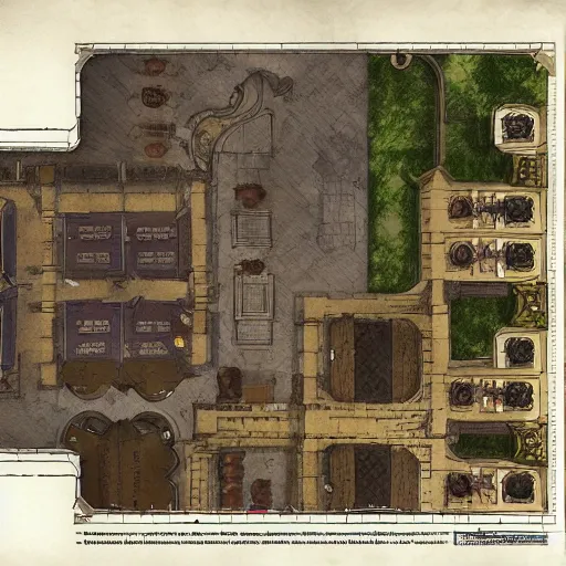 Image similar to full - color floor plan of a fantasy tavern, by greg rutkowski and james gurney, trending on artstation