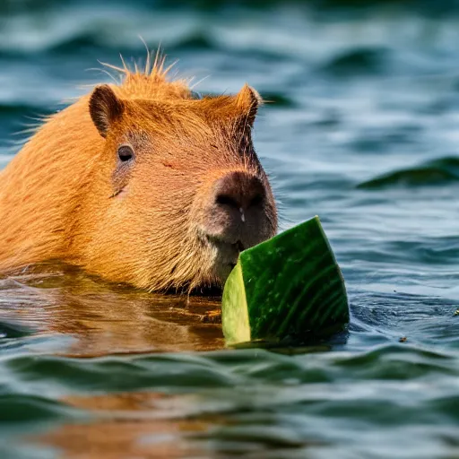 Image similar to a capybara swimming in the ocean while eating a watermelon, cinematic shot, sun rays, photo