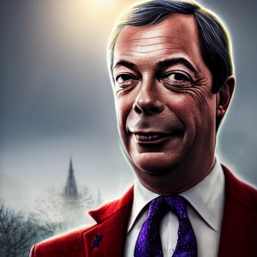 Image similar to Portrait of Nigel Farage as superman, heroic, amazing splashscreen artwork, splash art, head slightly tilted, natural light, elegant, intricate, fantasy, atmospheric lighting, cinematic, matte painting, detailed face, by Greg rutkowski