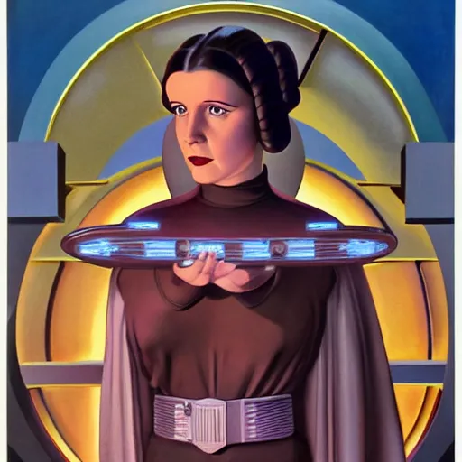 Image similar to princess leia, 1 9 3 0 s goddess, in front of round, art deco death star window, iconic, decorated by fritz lang and ralph mcquarrie, hyperrealistic full figure, by george tooker, fantasy art, intricate detailing, dynamic lighting, artstation, full figure poster, very detailed face, 4 k,