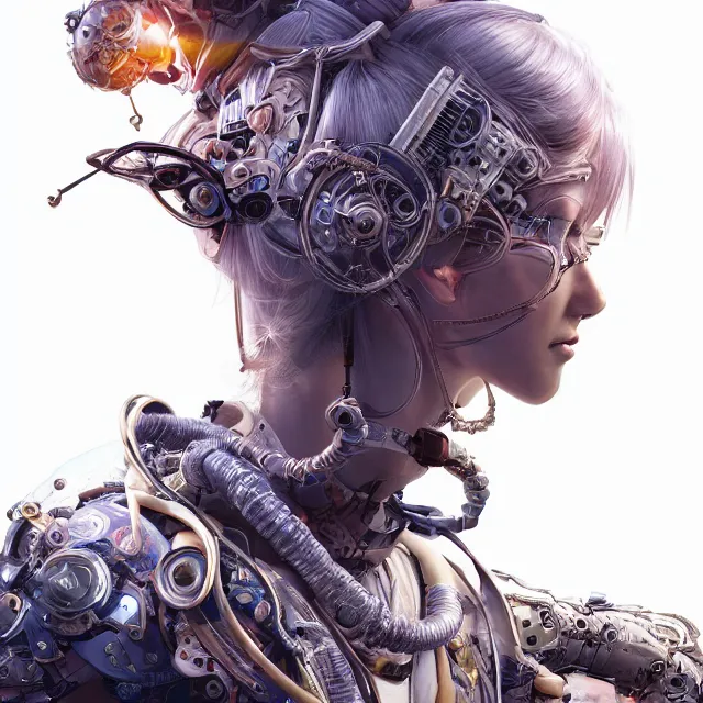 Image similar to the portrait of true neutral semi - colorful female cyborg mechanist as absurdly beautiful, gorgeous, elegant, young woman looking up, an ultrafine hyperdetailed illustration by kim jung gi, irakli nadar, intricate linework, bright colors, octopath traveler, final fantasy, unreal engine 5 highly rendered, global illumination, radiant light, detailed and intricate environment