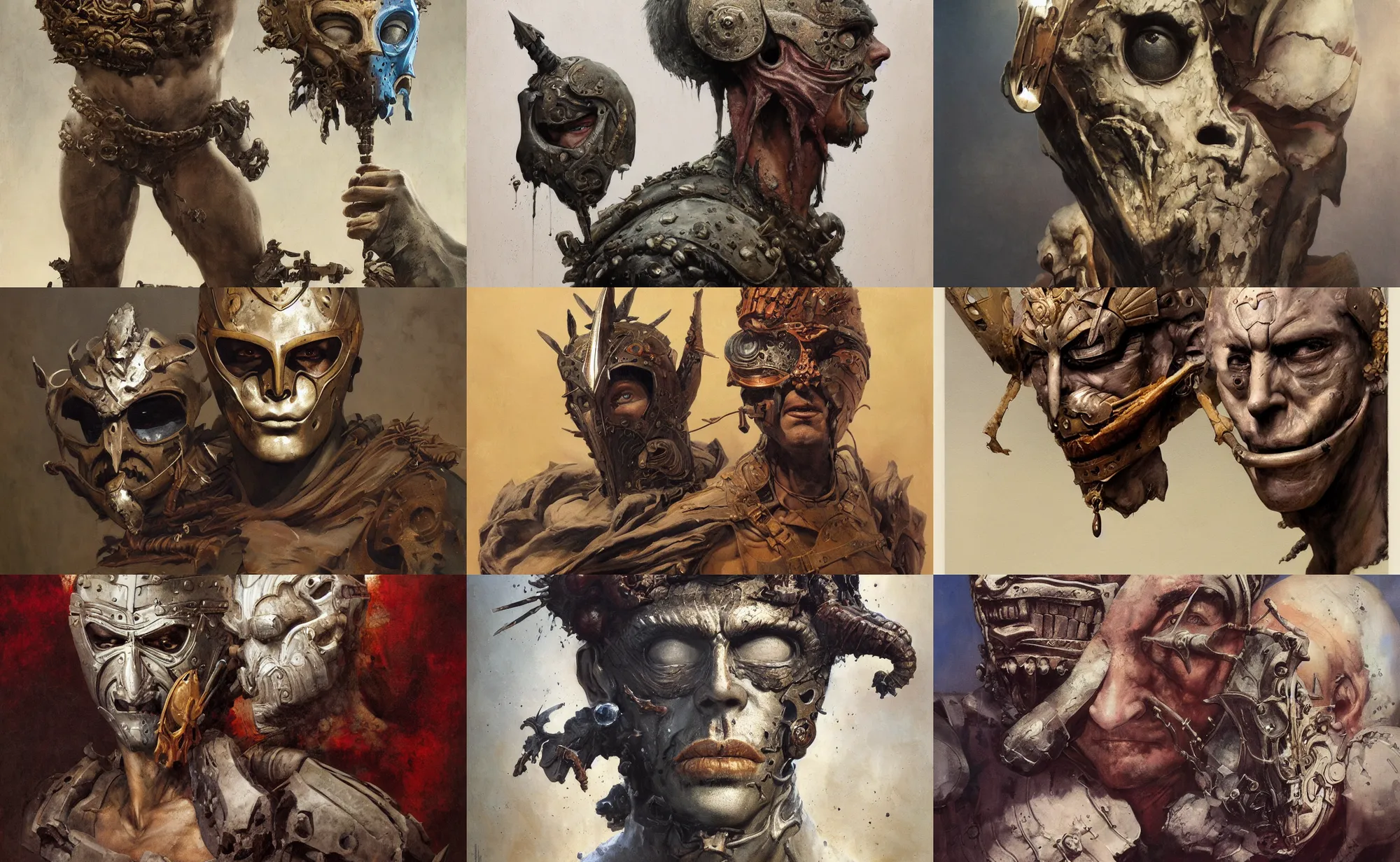 Prompt: A mixed media portrait painting of a man in the mask of damocles, detailed mask, detailed jaw and eyes, by Frank Frazetta, Boris Vallejo, Greg Rutkowski, Beeple, Yoko Taro, Christian MacNevin, epic fantasy character art, roman numerals, high fantasy, CGsociety, full length, exquisite detail, post-processing, masterpiece, cinematic, coliseum backdrop