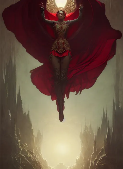 Prompt: person with no eyes wearing a dark red cape, fantasy, medieval wear, intricate, elegant, highly detailed, digital painting, artstation, concept art, smooth, sharp focus, illustration, art by artgerm and greg rutkowski, reimagined by alphonse mucha