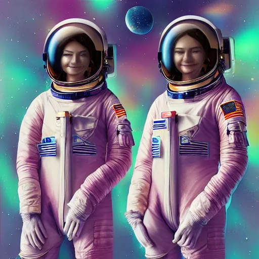 Prompt: portrait of two astronaut girls in tight chromatic suit by Petros Afshar and Beeple, highly detailed