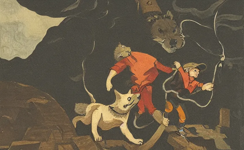 Prompt: a boy fighting a wolf on the edge of a clocktower, by moebious gouache, print