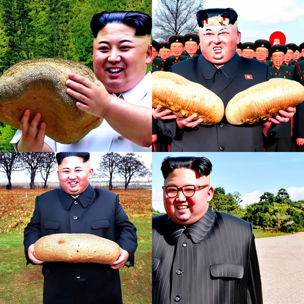 Prompt: kim jong un happily holding a giant genetically modified shiitake mushroom that will feed his nation, bbc reporting, a scientific breakthrough endorsed by the great leader