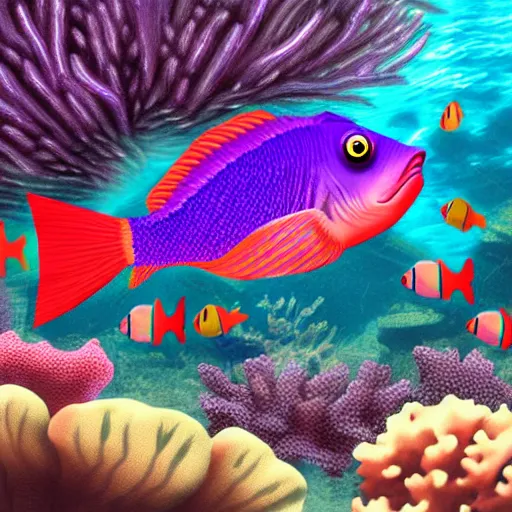 Image similar to A purple fish, swimming in a beautiful coral reef, Digital art, Concept art