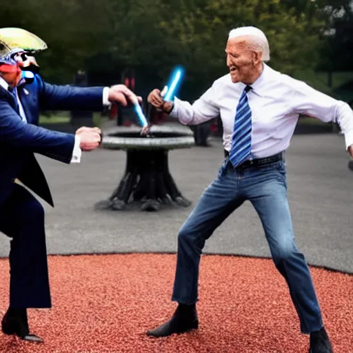 Image similar to trump and Biden having an epic lightsaber fight on the white House lawn. Cinematic, sparks flying, grimaces