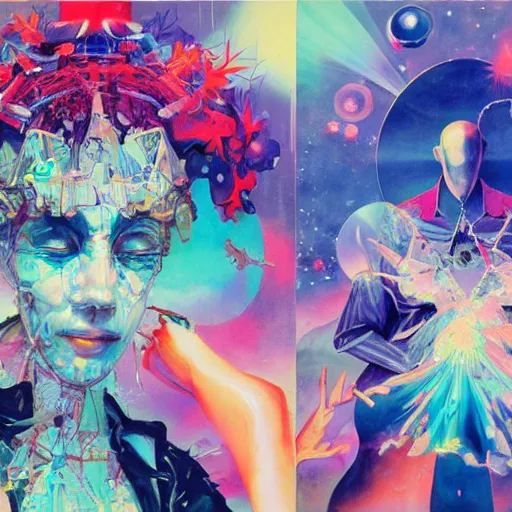 Prompt: surreal gouache painting, by yoshitaka amano, by ruan jia, by conrad roset, by kilian eng, by good smile company, incredibly detailed, of floating molecules and a mannequin artist holding an icosahedron with stars, clouds, and rainbows in the background, cgsociety, retrowave, modular patterned mechanical costume headpiece