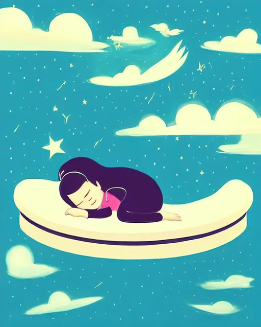 Image similar to beautiful painting of little girl sleeping on her flying bed, art by petros afshar, art by cheng hsiao - ron, sky night, illustration, highly detailed, simple, smooth and clean vector curves, no jagged lines, vector art, smooth, artstation