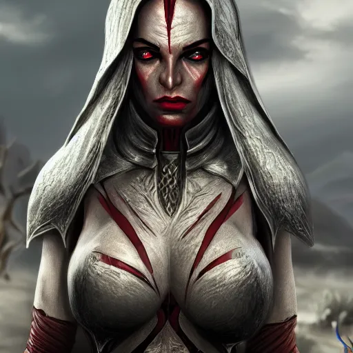 Prompt: the elder scrolls, female dunmer, dark elf, red eyes, nwah, detailed portrait, beautiful face, seductive look, armor, weapons in her hands, realistic, morrowind, landscape, detailed face, high quality, photorealistic, 8 k