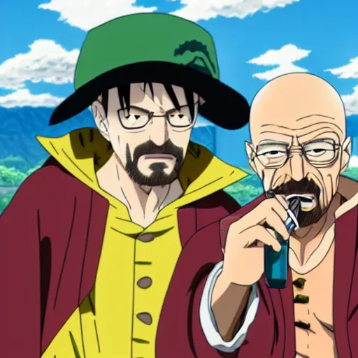 Image similar to walter white smoking a joint with jesse pinkman, in One Piece Anime Series, 4k Resolution.