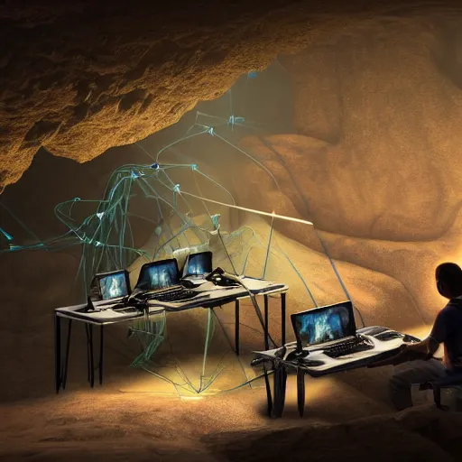 Prompt: two computers in a cave, piles of modular synth cables, two silhouettes of men working by a bright computer screen, by cameron gray, wlop, stanley kubrick, masamune, hideki anno, unique perspective, trending on artstation, 3 d render, smooth render