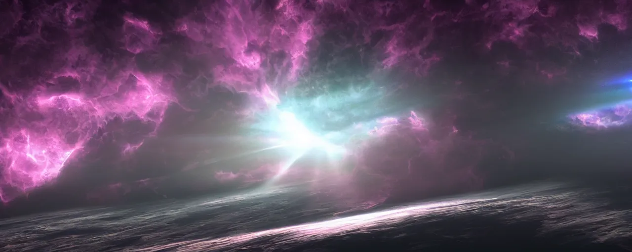 Image similar to smooth _ colours _ cinematic _ render _ of _ atmospheric _ deep _ space _ volumetric _ lighting _ cathrin _ machin