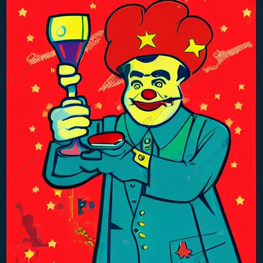 Prompt: champagne communist clown, soviet propaganda, vivid colors, poster art style, detailed image, saturated colors, dominating red, detailer portrait, male face