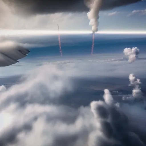 Image similar to cinematic areal shot magnetic field blowing fighter jets in the clouds