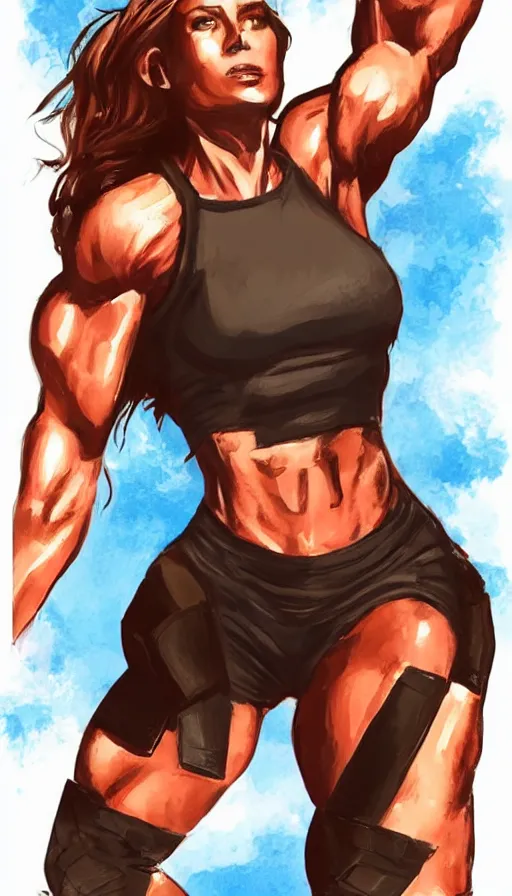 Prompt: a hyper muscular woman, fit woman, bronze skinned, blue eyes, wearing a black cropped tank top, military pants, brown boots, wavy big red hair, sweaty, 8 0's hairstyle, red lips, action pose, art by cessa, trending on artstation, illustration, action scene, full body