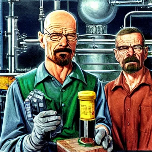 Image similar to Walter White and Luigi in chemical factory, artwork by Earl Norem,