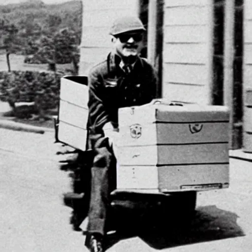 Prompt: Walter White during world war delivering amazon packages, vintage photographs