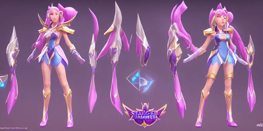 Image similar to character sheet of Star Guardian Caitlyn (League of legends). 3d render, trending on artstation, unreal engine 5, 8k resolution