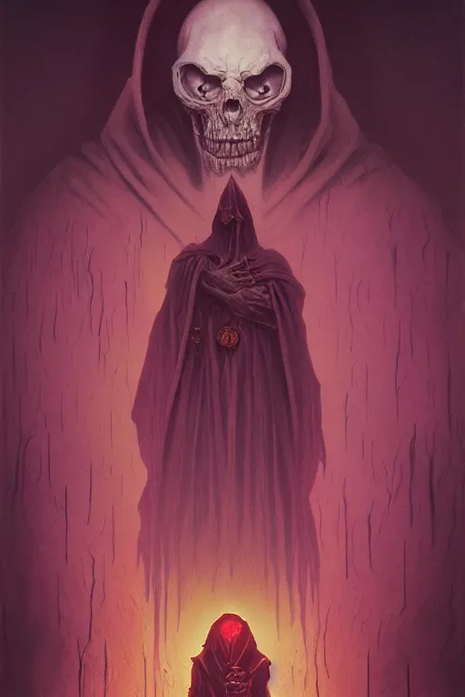 Image similar to hooded necromancer by marc simonetti and mike mignola and beksinski and giger and alton kelley, rising from the void, dark neon retrowave, purple, golden and mysterious, stopped in time, atmospheric, ominous, eerie, cinematic, epic, 8 k, 4 k, ultra detail, ultra realistic, rendered by awesomeness