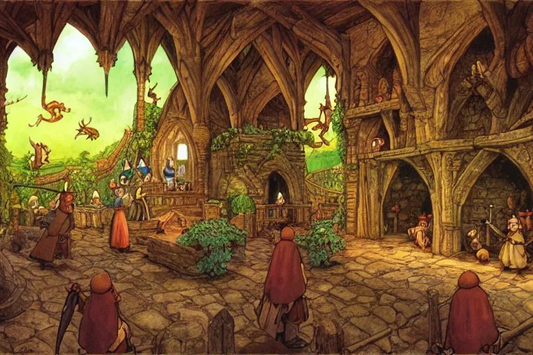 Image similar to an elaborate and dense scene from redwall abbey by brian jacques