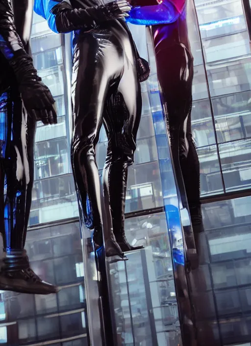 Prompt: a close-up of two cyberpunk model men with black eyes and visible faces wearing latex catsuit and lots of transparent and cellophane accessories, blue hour, twilight, cool, portrait, Kodachrome, ISO1200,