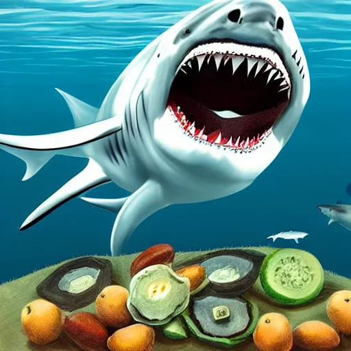 Prompt: great white shark eating pickles. hyperdetailed photorealism