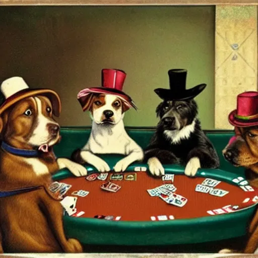 Image similar to Dogs playing poker wearing hats, vintage