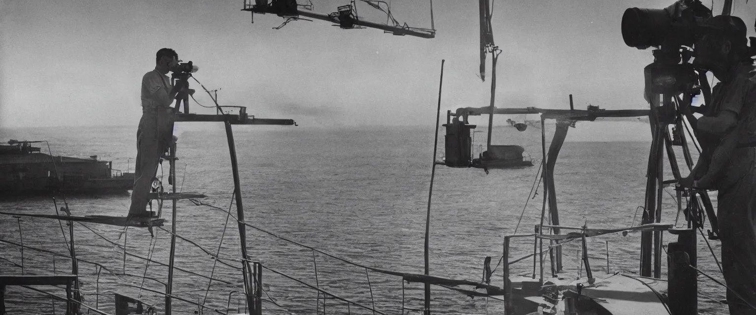 Image similar to detailed sharp photograph in the style of popular science circa 1 9 5 5 and gregory crewdson of a sailor standing on the bridge of a ship look through binoculars