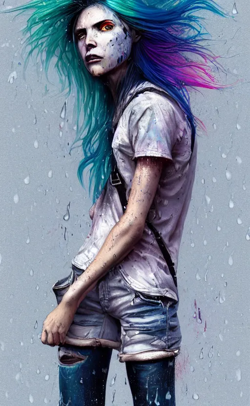 Prompt: a grungy woman with rainbow hair, drunk, angry, soft eyes and narrow chin, dainty figure, long hair straight down, torn overalls, short shorts, combat boots, basic white background, side boob, raining, wet tshirt, symmetrical, style of by Jordan Grimmer and greg rutkowski, crisp lines and color,