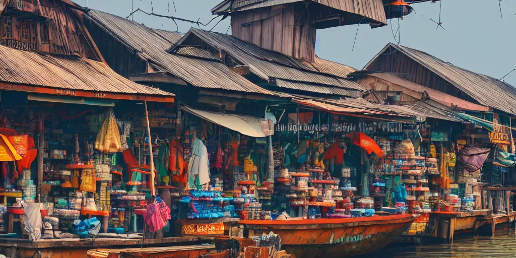 Prompt: close - up of shops at pulau indah fishing village, near a jetty, early morning, detailed matte painting, low angle view, telephoto lens, bokeh, studio ghibli, artstation