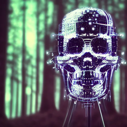 Image similar to extremely detailed portrait of a terminator's head, packed with cybernetics and and borg enhancements and has lit optic fibers inside. In a forest with bokeh. No plating, only frame of skull.