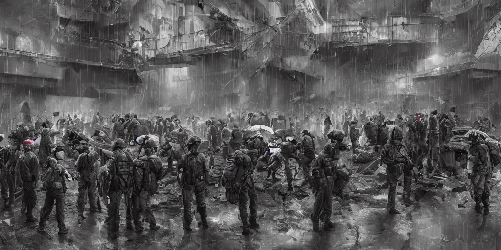 Prompt: private military company operatives standing outside immigration check point crowded with climate crisis migrants, severe weather storms, hong kong, cinematic, realistic, detailed, intricate, digital art, ambient lighting, by darek zabrocki, pop art style, 3 5 mm film grain, artstation
