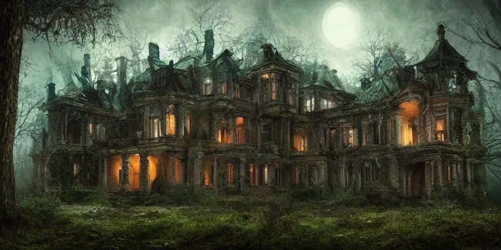Prompt: hyper realist matte digital painting of a haunted abandoned mansion in the forest at night, fantasy art, photo realistic, dynamic lighting, artstation, volumetric lighting