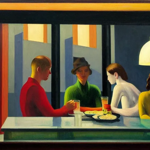 Prompt: 1942 oil on canvas painting by Edward Hopper that portrays four people in a downtown diner late at night as viewed through the diner's large glass window. The light coming from the diner illuminates a darkened and deserted urban streetscape.