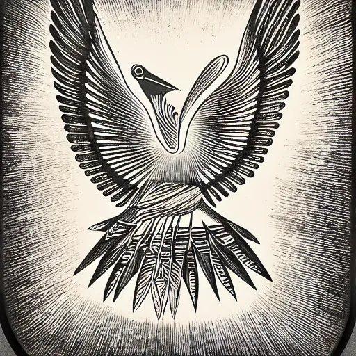 Prompt: a bird rising above the flames, mexican folk art, native american folk art, relief engraving, framed art, very simple, extremely abstract, deep black shading, mild expressionism, award winning