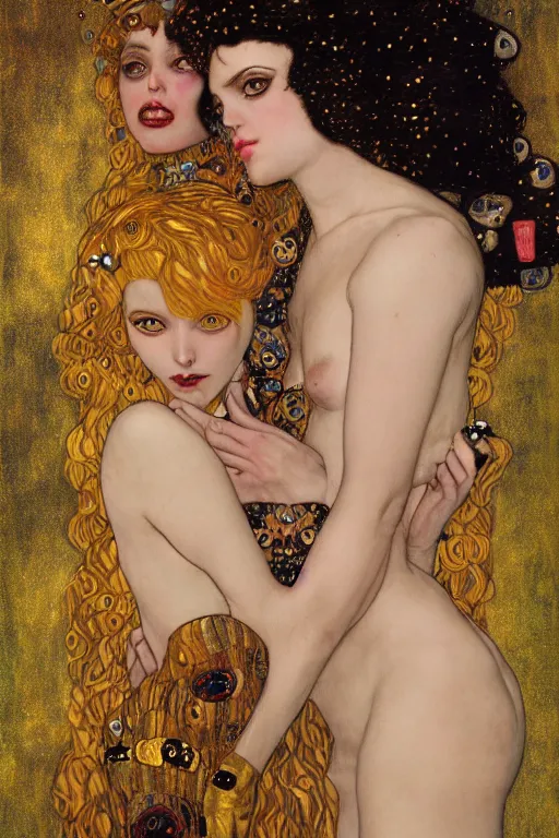 Prompt: two beautiful young succubuses, dark fantasy, kiss, highly detailed, artstation, illustration, art by Gustav Klimt