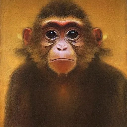 Prompt: Portrait painting of a monkey wearing a wig, by Rembrandt