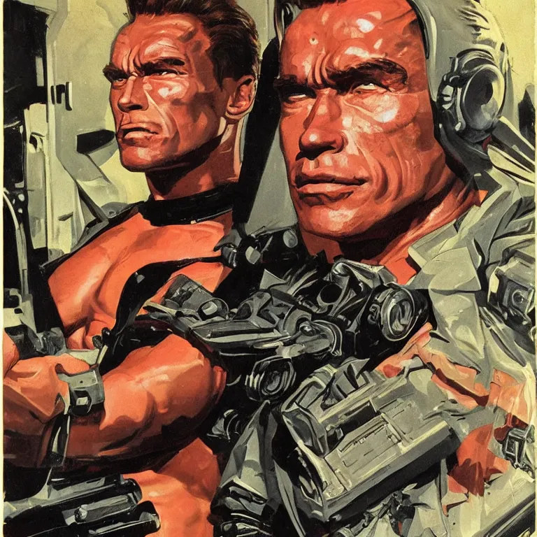 Prompt: scifi portrait of Arnold Schwarzenegger by Robert McGinnis, pulp comic style, circa 1958, photorealism