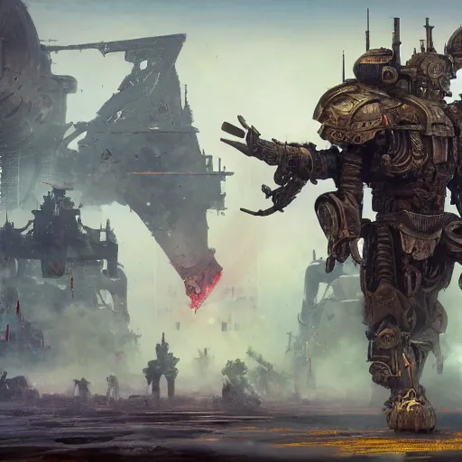 Image similar to gigantic bipedal humanoid war machine standing in a battlefield, steam punk, 70's sci-fi, in the style of Fenghua Zhong and Ruan Jia and Jermy lipking and peter mohrbacher, mystic colors, highly detailed, deep aesthetic, 8k, highly ornate intricate details, cinematic lighting, rich colors, digital artwork, ray tracing, hyperrealistic, photorealistic, cinematic landscape, trending on artstation,