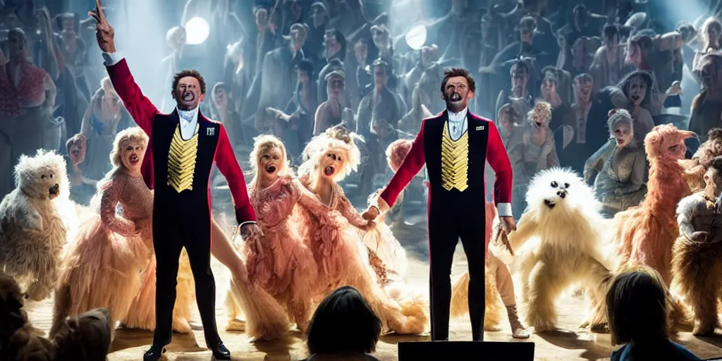 Image similar to Hugh Jackman in Greatest Showman standing 6 feet from a plink fluffy furry monster making silly faces on a stage with spotlights, movie still