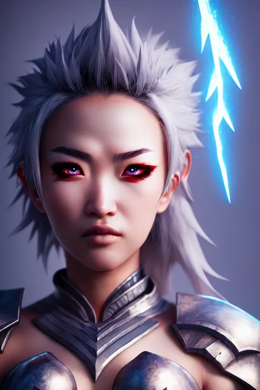 Prompt: sakimi chan, battle armor, detailed face, white skin, dramatic lighting, tony sart, unreal engine, wind, lightning