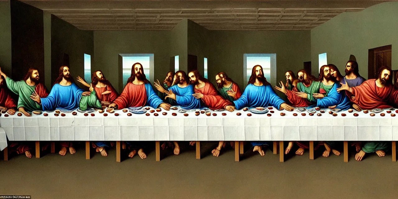 Prompt: the last supper iconic image in the style of dali surreal jesus christ iconography but replace jesus with little green aliens like the ones from pixar movies